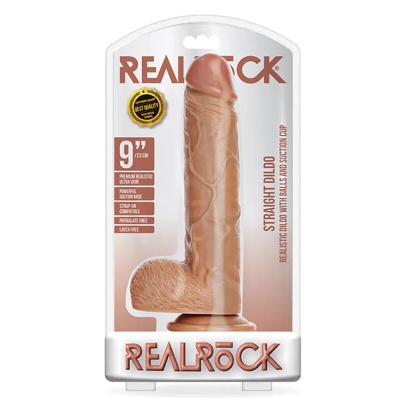 RealRock Realistic 9 in. Straight Dildo With Balls and Suction Cup Tan