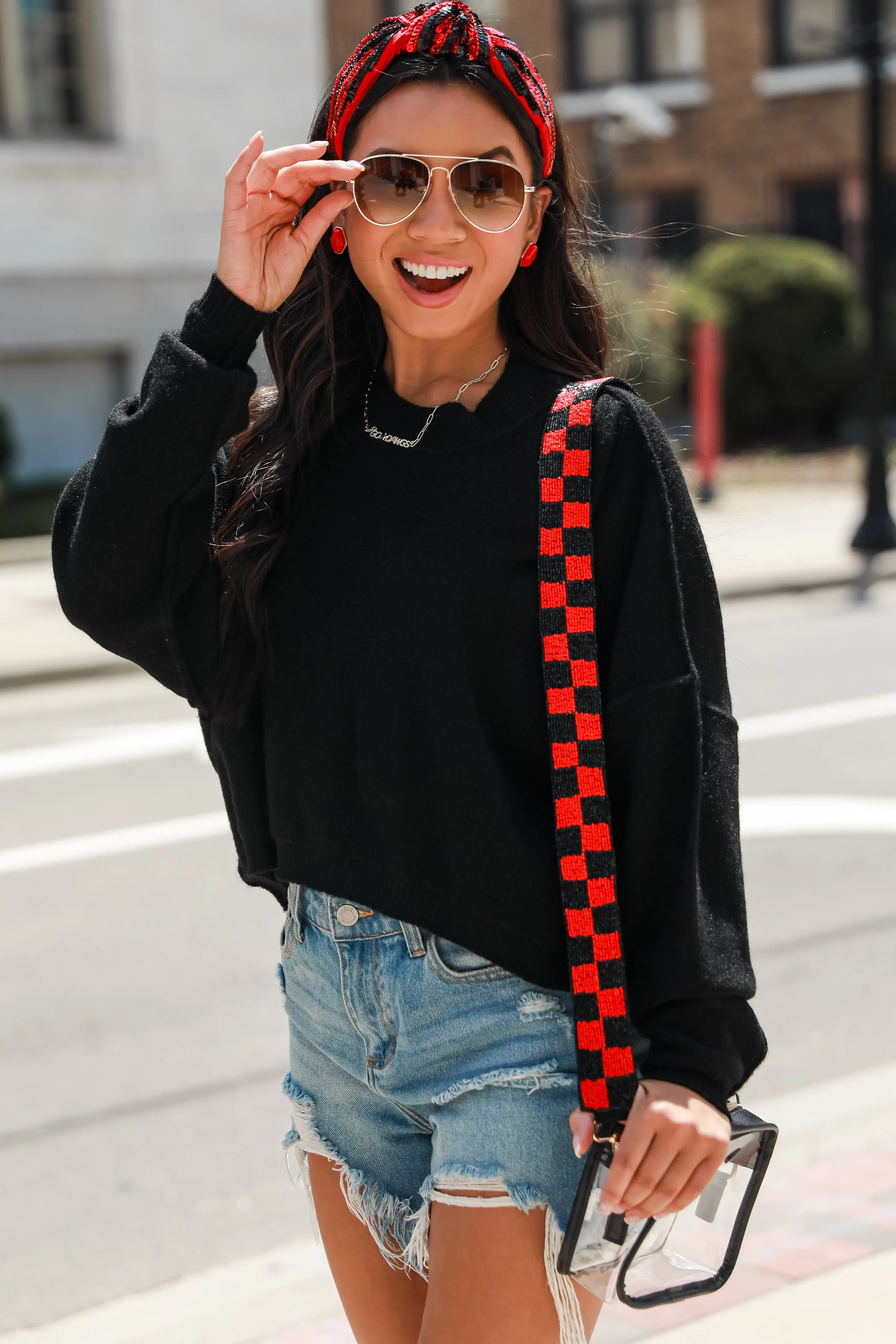 Red   Black Checkered Beaded Purse Strap