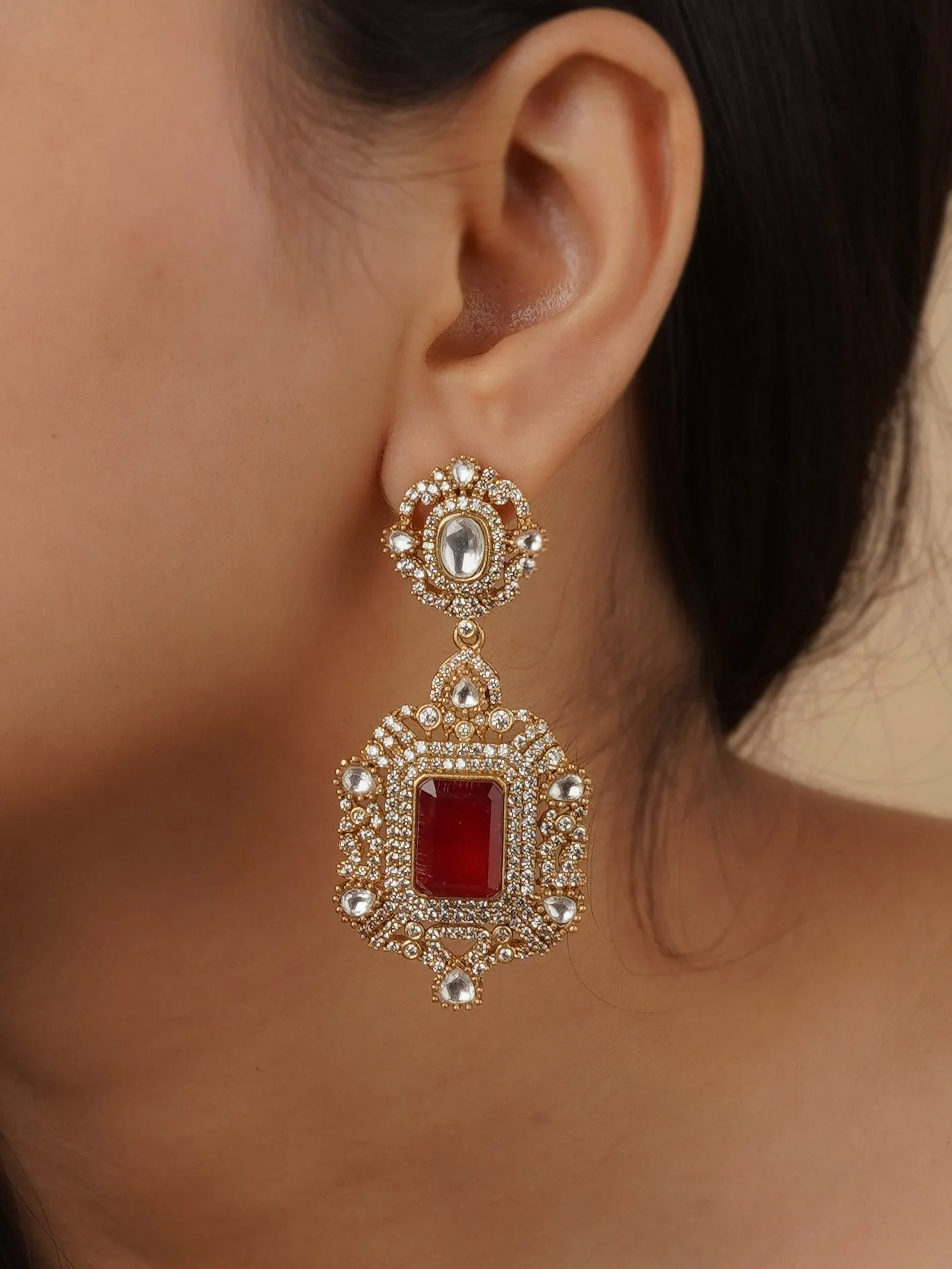 Red Color Gold Plated Faux Polki Earrings - PK-E71R