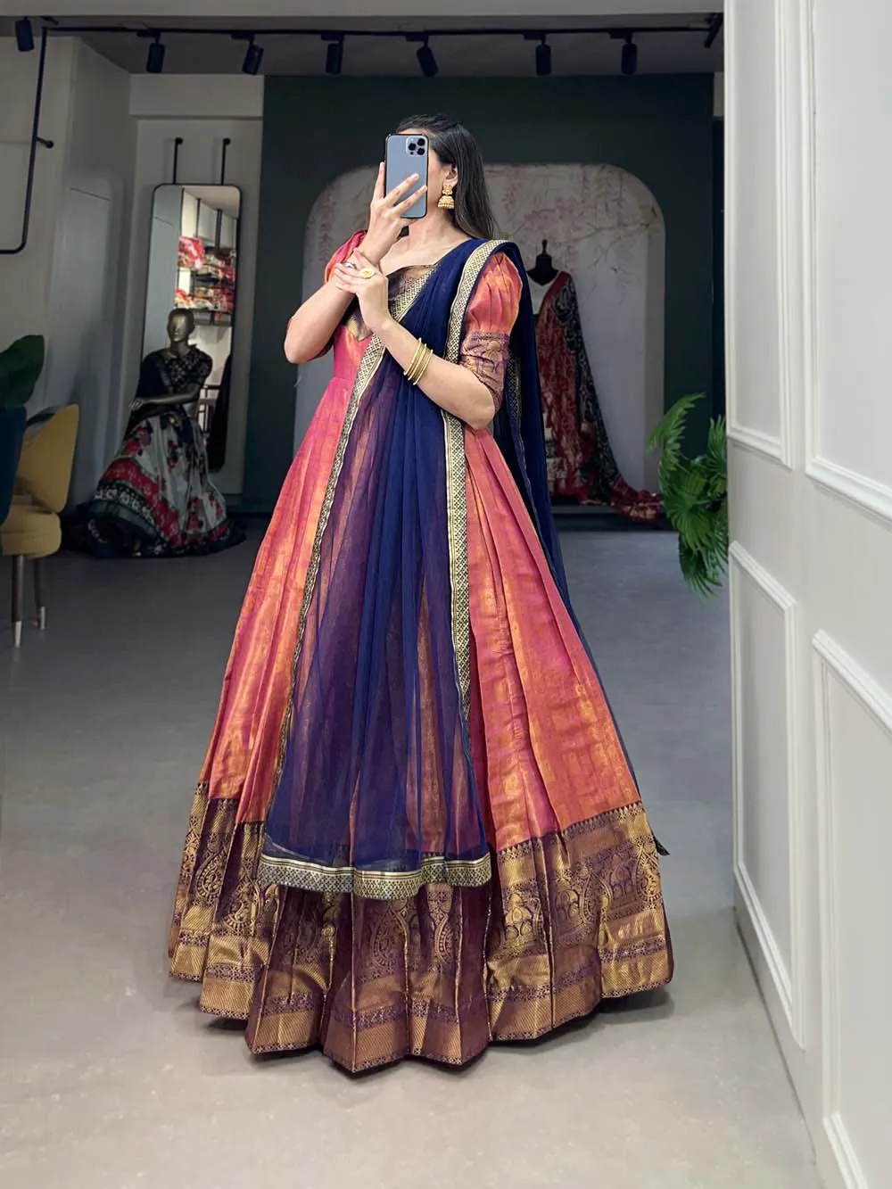 Regal Pink Zari Woven Kanjivaram Gown with Net Dupatta