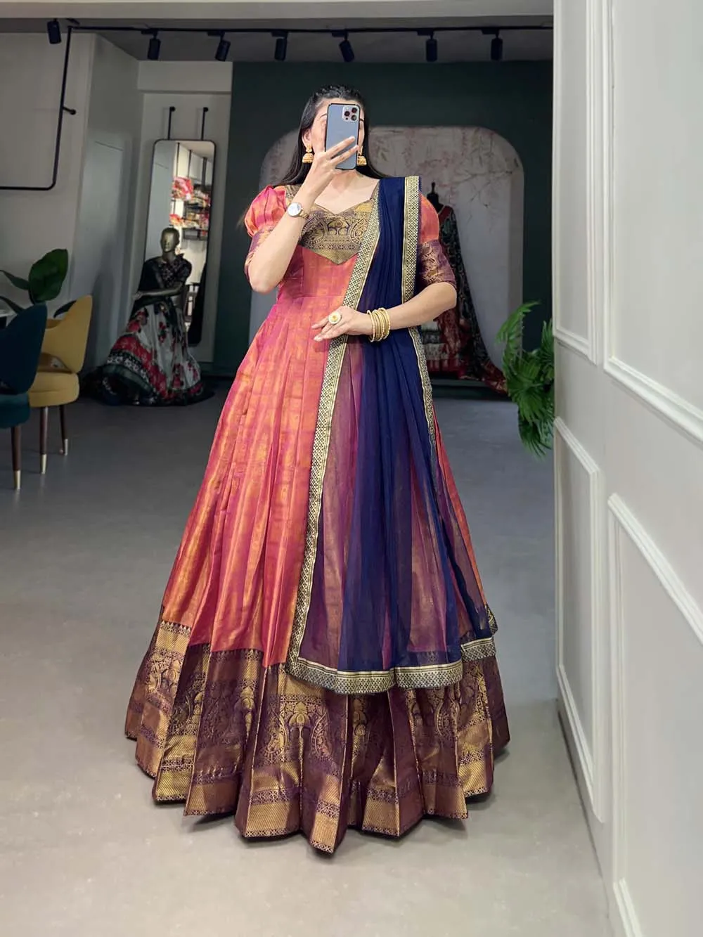 Regal Pink Zari Woven Kanjivaram Gown with Net Dupatta