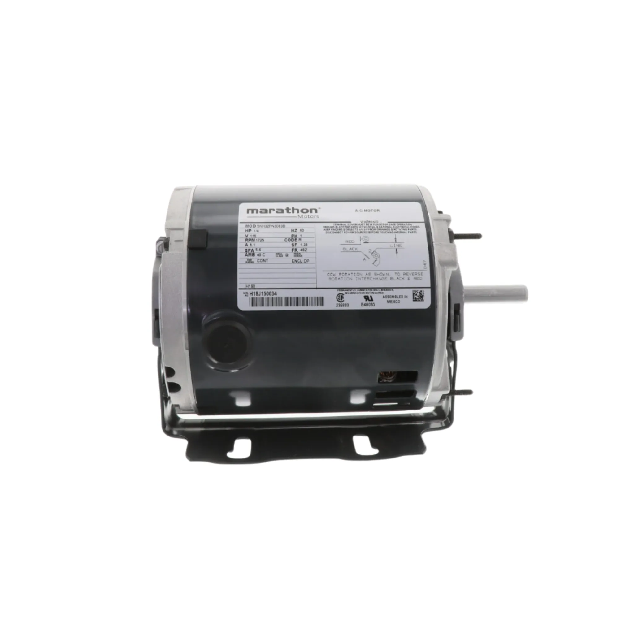 Regal Rexnord - Marathon H160 1/4 HP, 1725 RPM, 115VAC, 1 Phase, ODP, Ball Bearing Type, Blower Motor