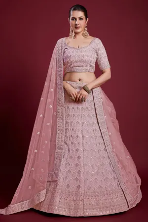 Regal Wedding Function Pink Georgette Lehenga With Embroidered And Thread Work