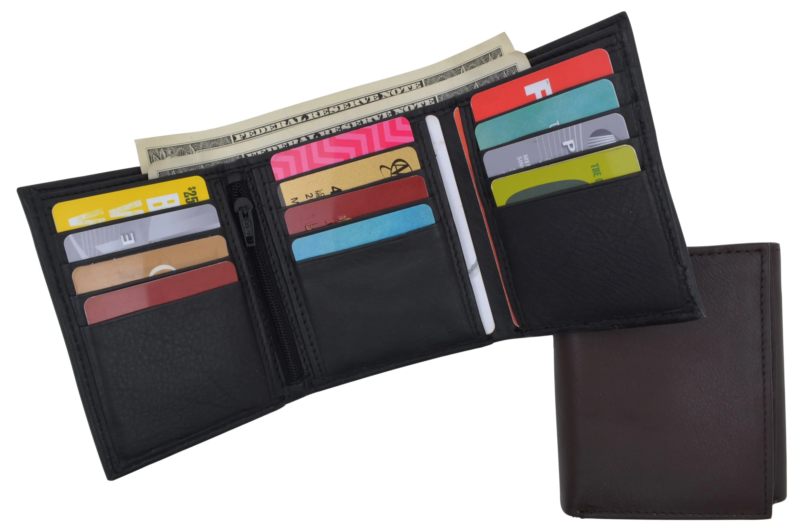 RFID Trifold Premium Leather Mens Card Holder Wallet W/ Outside ID Window