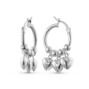 Romantic Love Dangle Earrings with Multi Charms Heart Shaped Huggie Hoops in Silver