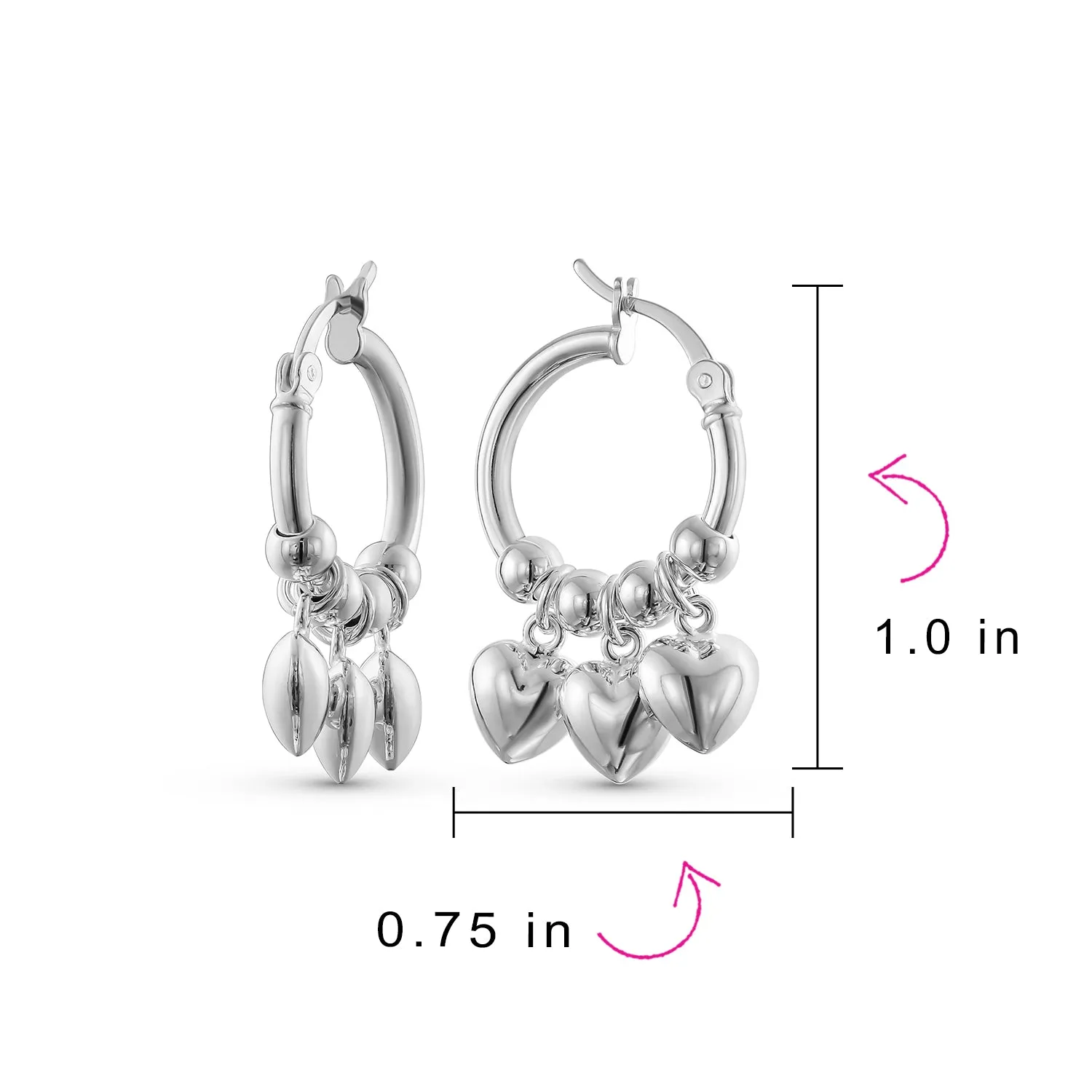 Romantic Love Dangle Earrings with Multi Charms Heart Shaped Huggie Hoops in Silver