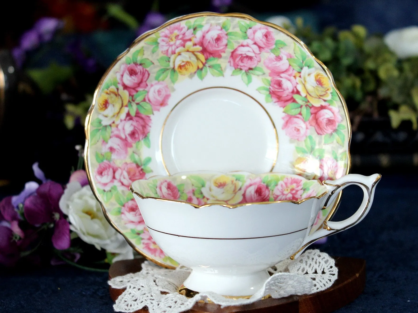 Royal Stafford, Wide Mouth, Tea Cup & Saucer, Chintz Rose Banding 17479