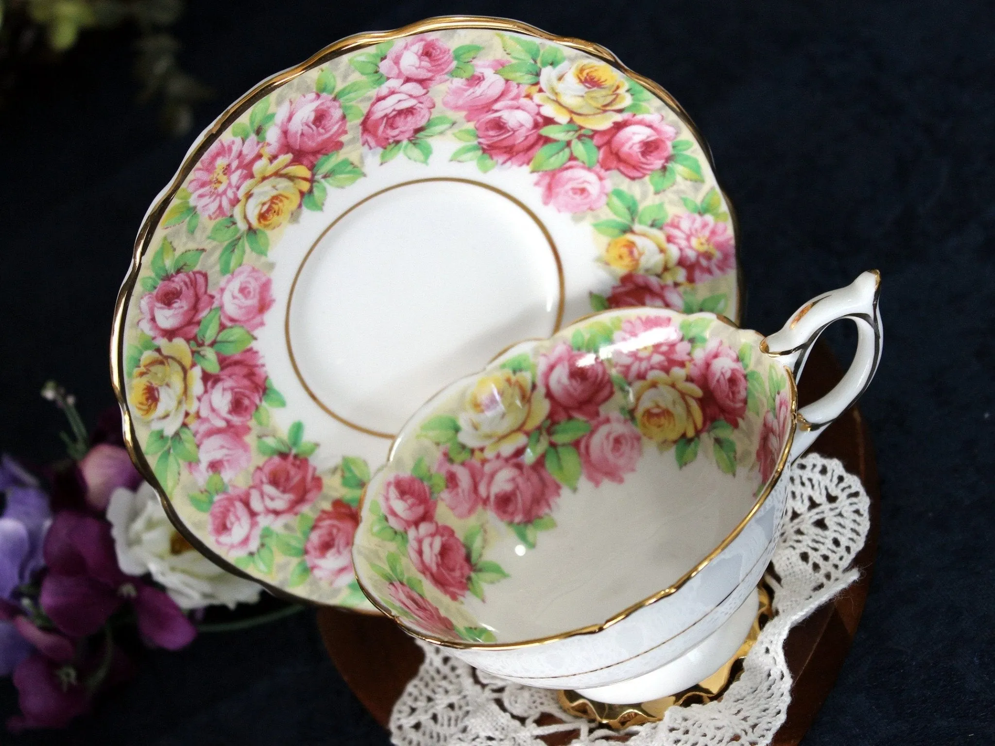 Royal Stafford, Wide Mouth, Tea Cup & Saucer, Chintz Rose Banding 17479