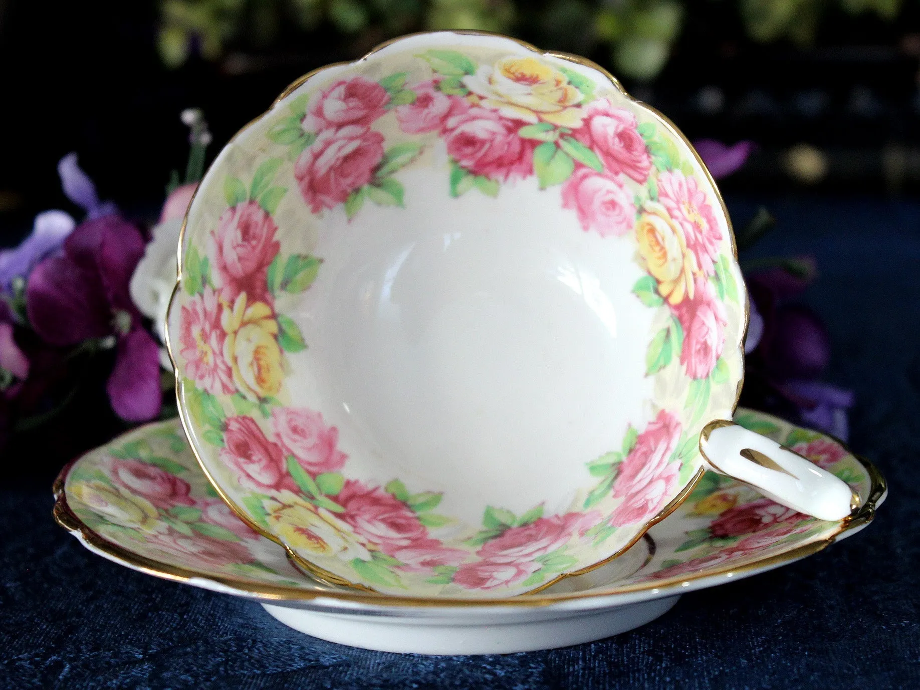 Royal Stafford, Wide Mouth, Tea Cup & Saucer, Chintz Rose Banding 17479