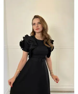 Ruffled Rose Sleeve Detailed Black Maxi Dress SBC-047