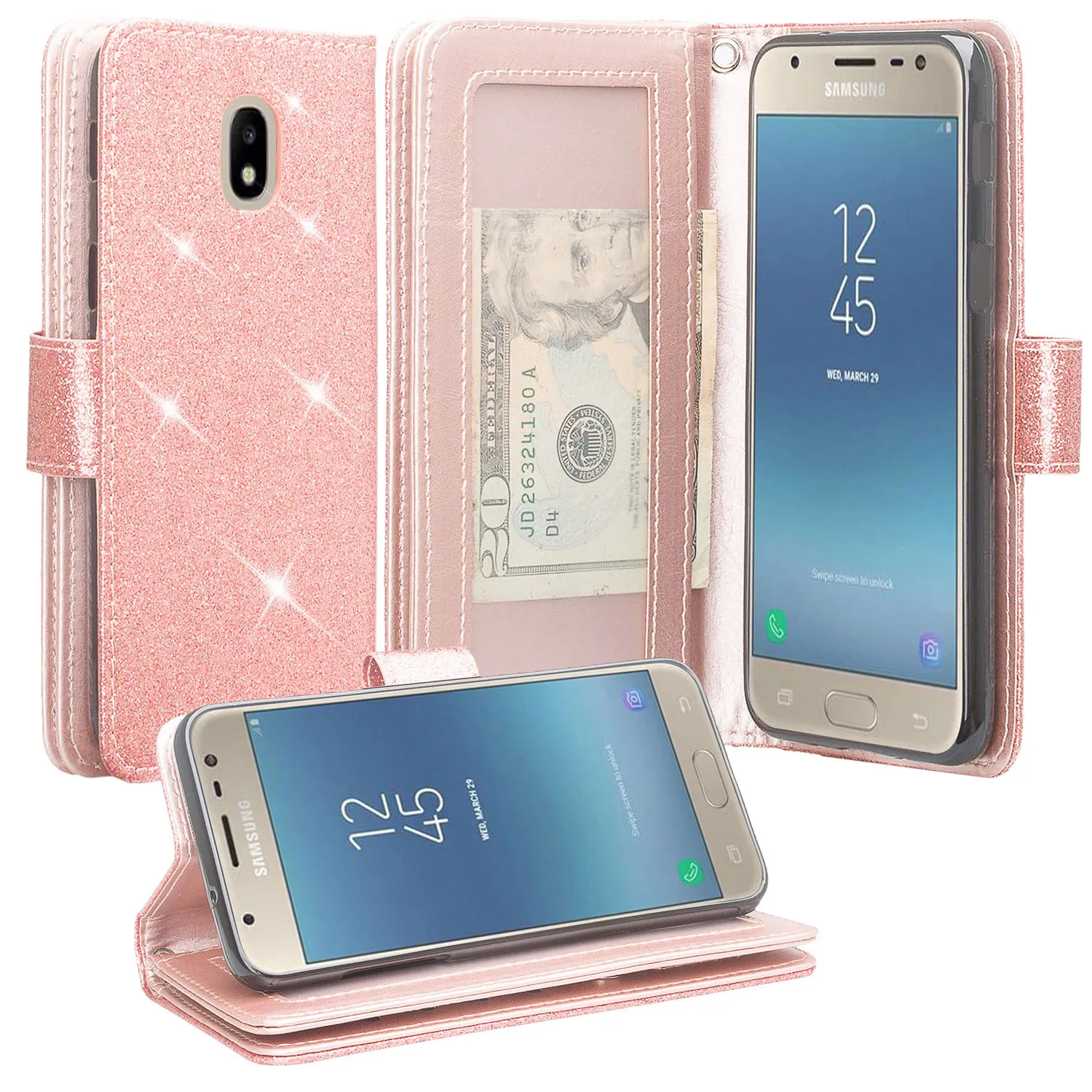 Samsung Galaxy J3 2018/Express Prime 3/Amp Prime 3/J3 Achieve/J3 Star/J3 Top/J3 Achieve/J3 Orbit/J3 V 3rd Gen/J3 Aura/Sol 3 Case, Wrist Strap Glitter Bling Leather Flip [Kickstand] Protective Wallet Cover Clutch - Rose Gold