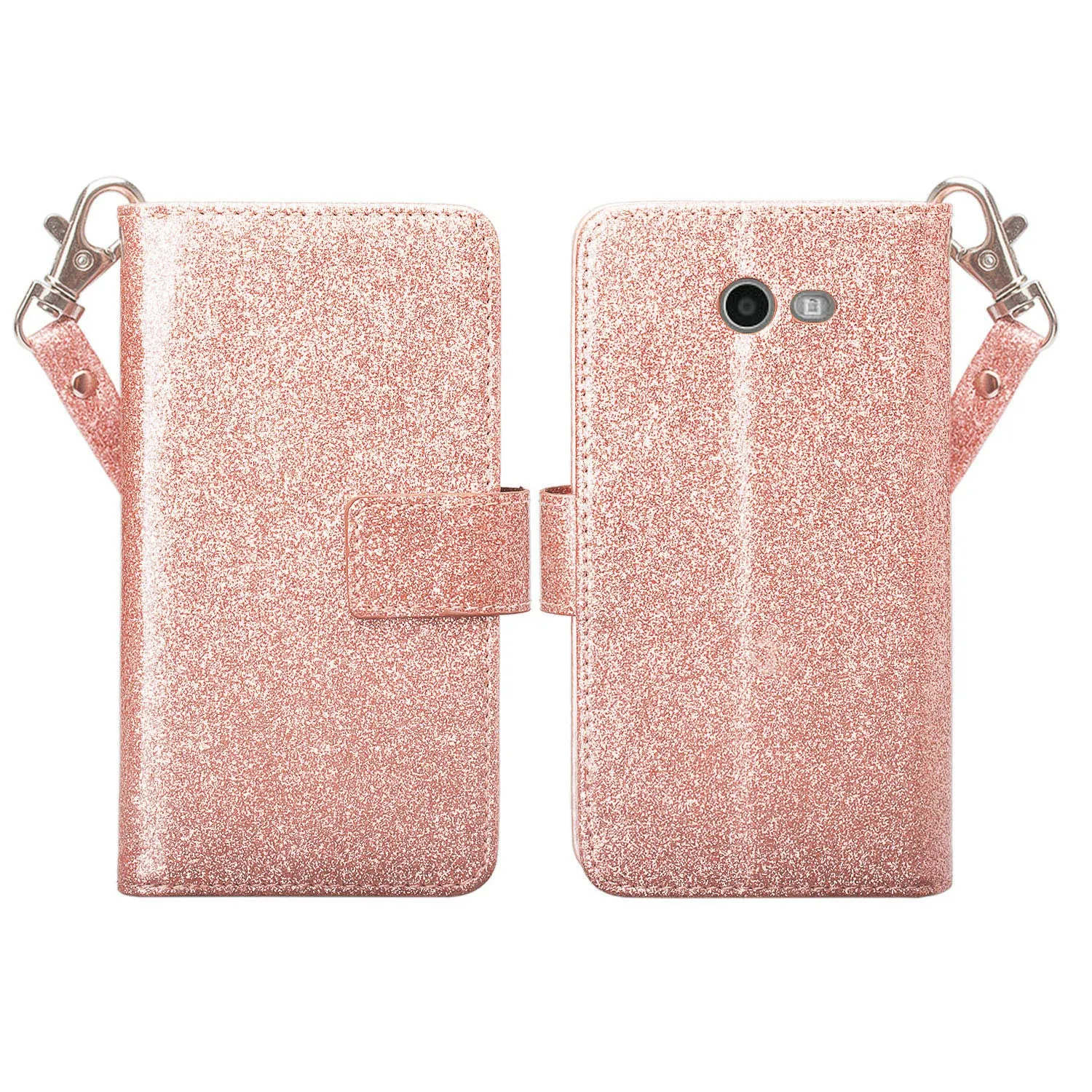 Samsung Galaxy J3 Emerge | J3 (2017) | J3 Prime | Samsung SM-J327P Case, [Wrist Strap] Glitter Faux Leather Flip [Kickstand Feature] Protective Wallet Case Clutch - Rose Gold