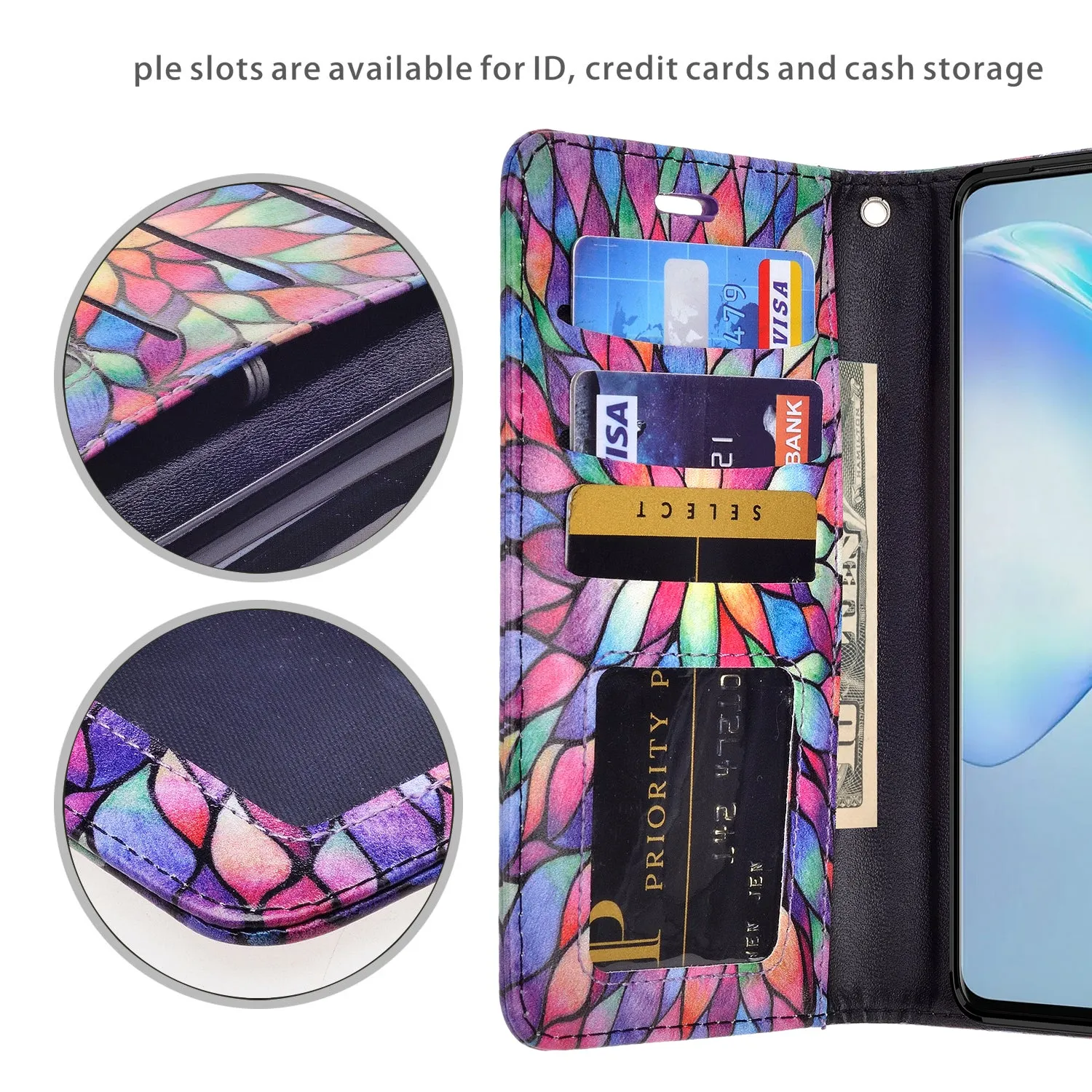 Samsung Galaxy S20 Ultra Case, Galaxy S20 Ultra Wallet Case, Wrist Strap Pu Leather Wallet Case [Kickstand] with ID & Credit Card Slots - Rainbow Flower