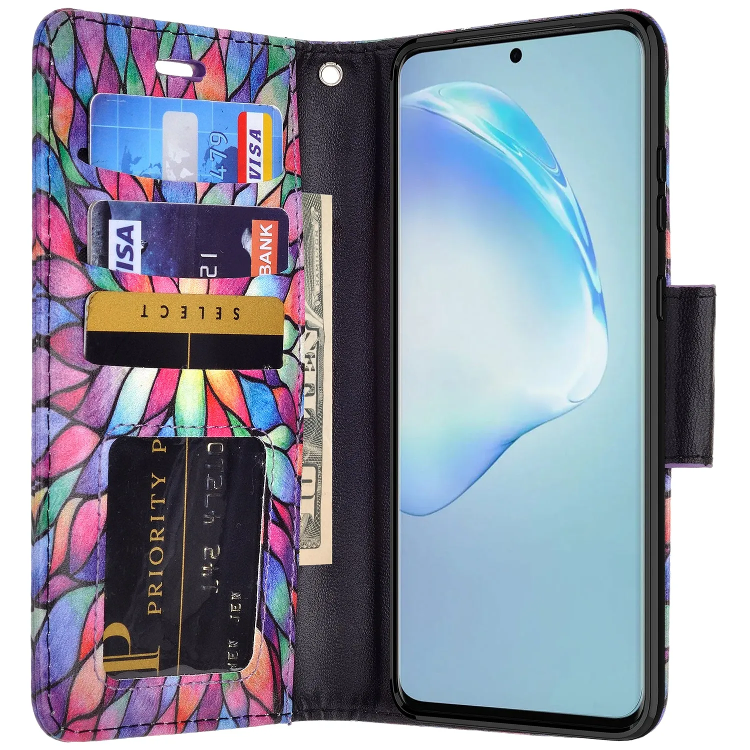 Samsung Galaxy S20 Ultra Case, Galaxy S20 Ultra Wallet Case, Wrist Strap Pu Leather Wallet Case [Kickstand] with ID & Credit Card Slots - Rainbow Flower