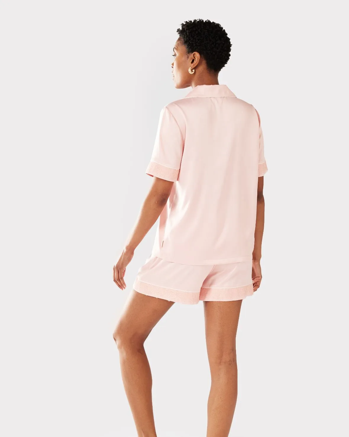 Satin Lace Trim Short Pyjama Set - Blush