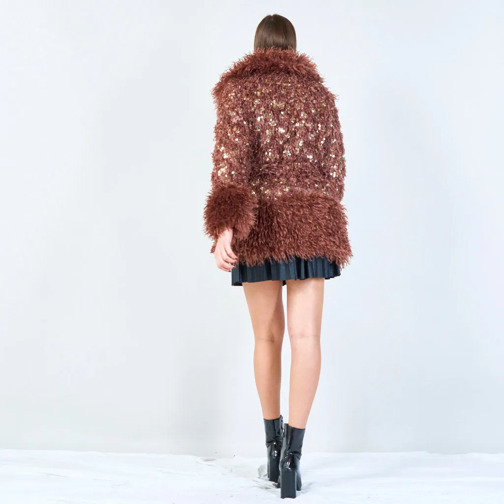 Shaggy faux fur coat with sequin accents wholesale