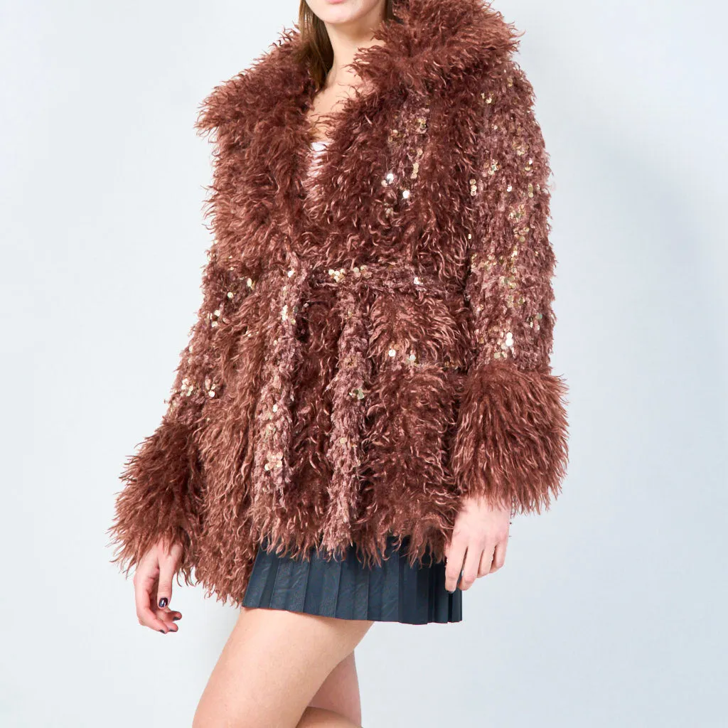 Shaggy faux fur coat with sequin accents wholesale