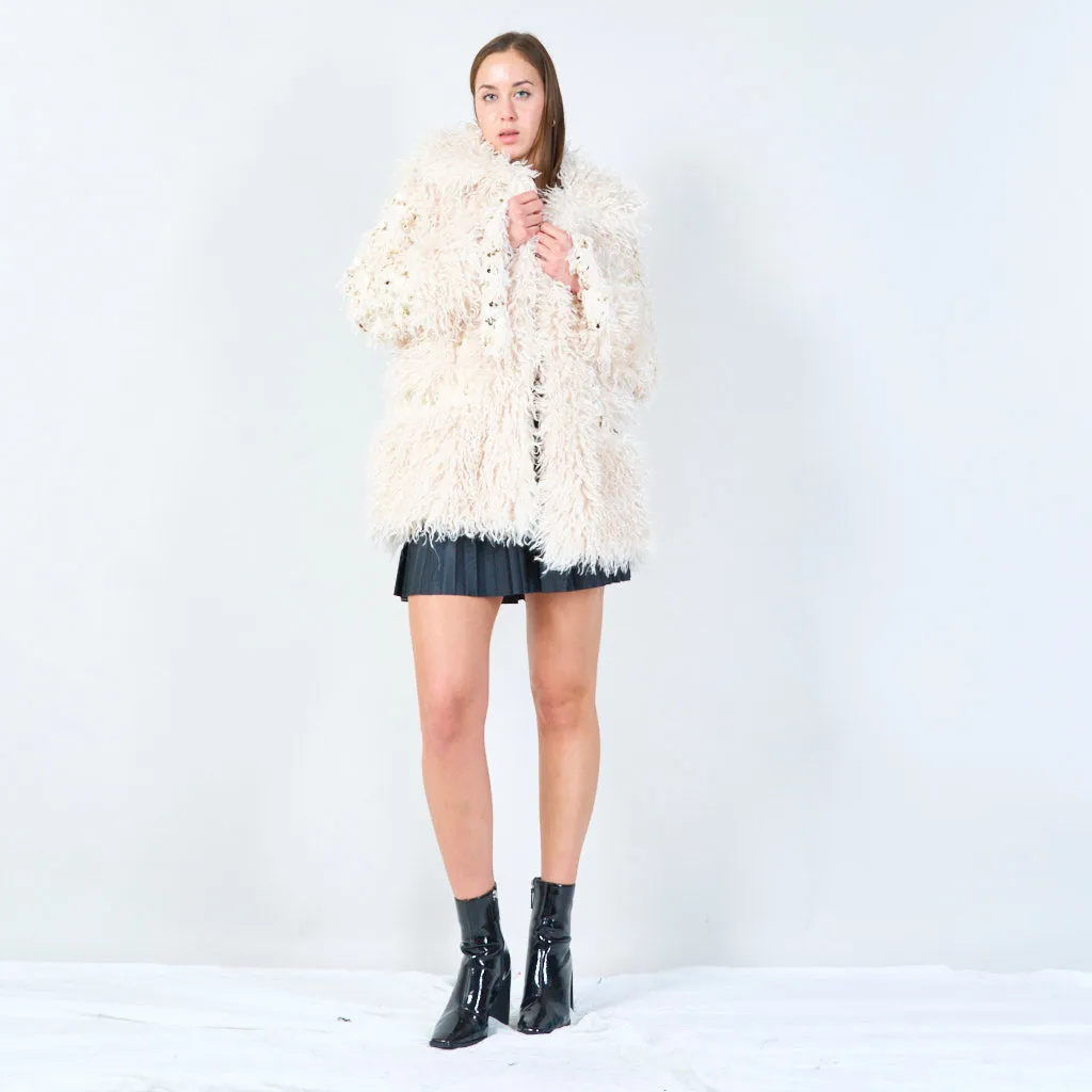 Shaggy faux fur coat with sequin accents wholesale