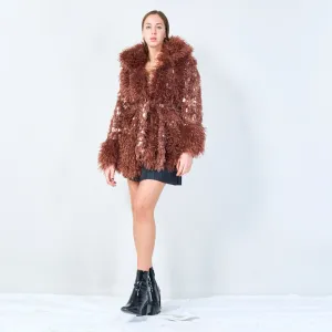 Shaggy faux fur coat with sequin accents wholesale