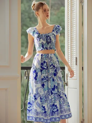 Shirred Floral Graceful Print Skirt Set