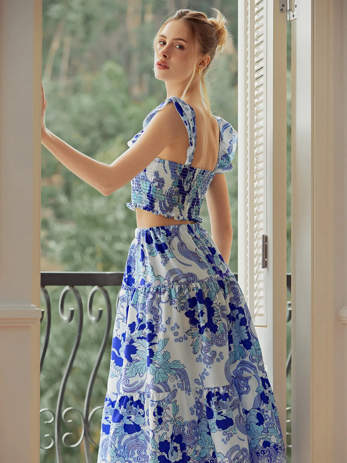 Shirred Floral Graceful Print Skirt Set