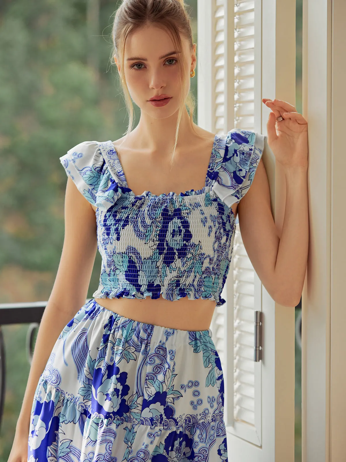 Shirred Floral Graceful Print Skirt Set