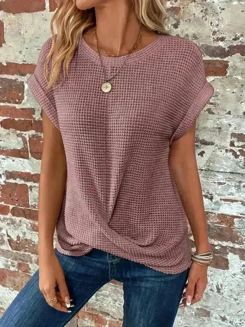 Short-sleeved Waffle T-shirt Top Summer New Solid Color Casual Evening Top For Women