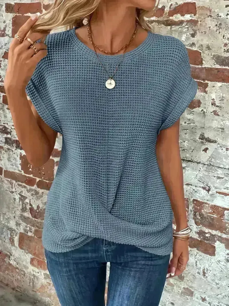 Short-sleeved Waffle T-shirt Top Summer New Solid Color Casual Evening Top For Women