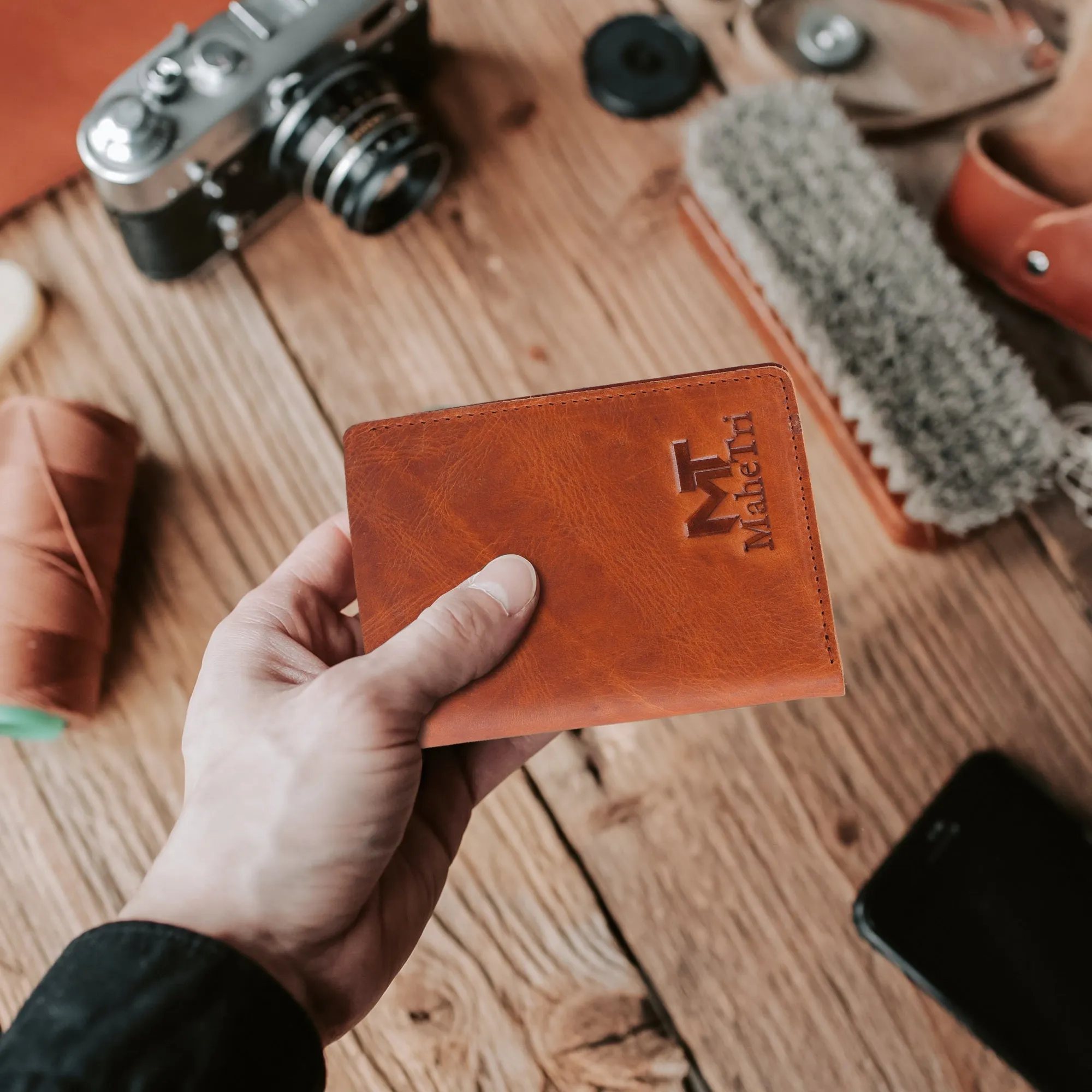 Slim Vertical Bi-fold Brown Buffalo Leather Wallet