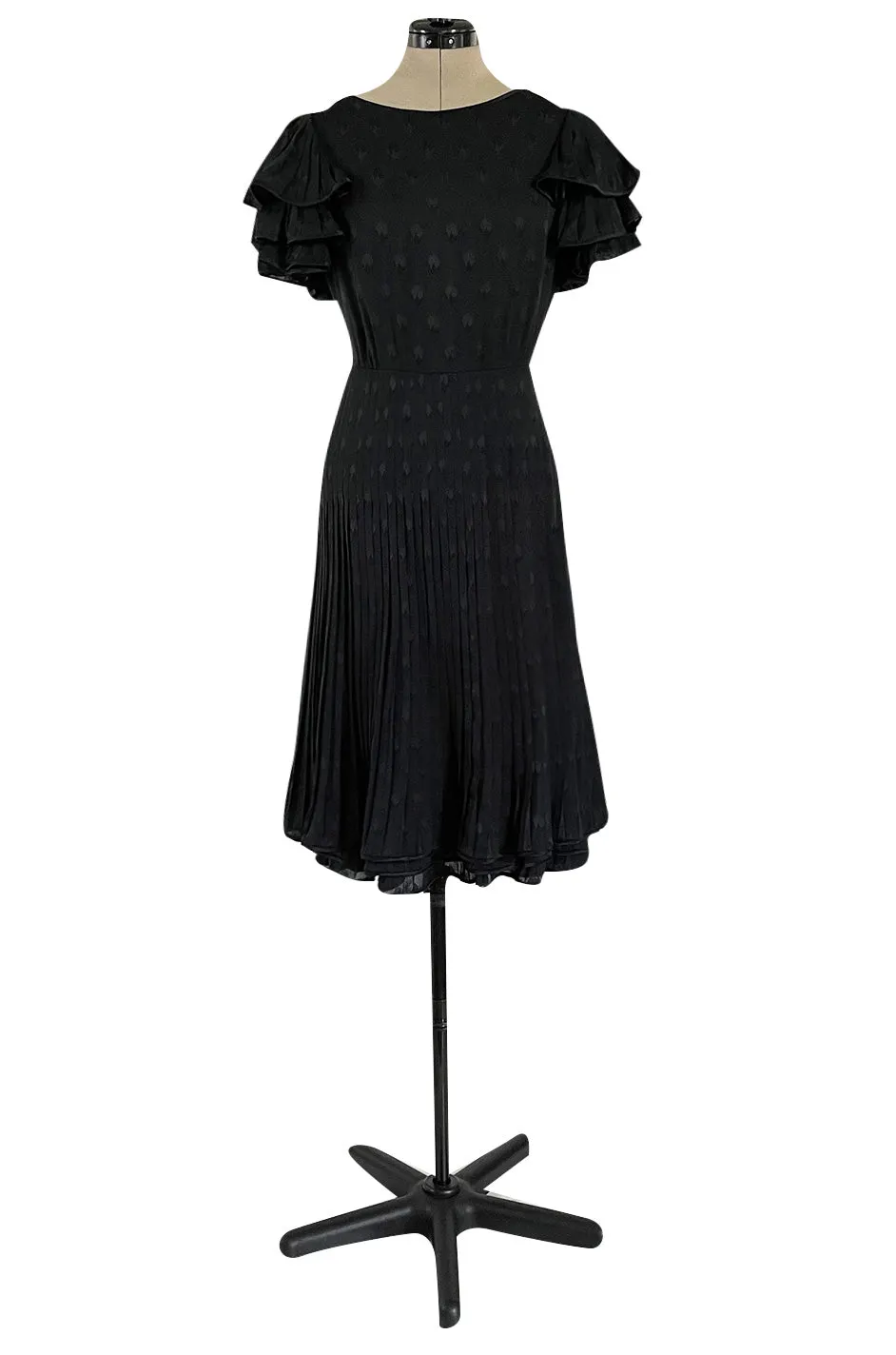 Spring 1980 Valentino Haute Couture Black Floral Silk Dress w Ruffle Sleeves & Pleated Skirt