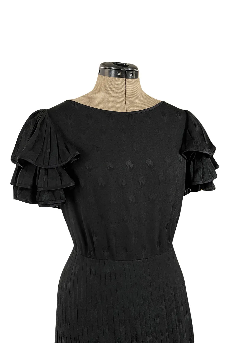 Spring 1980 Valentino Haute Couture Black Floral Silk Dress w Ruffle Sleeves & Pleated Skirt