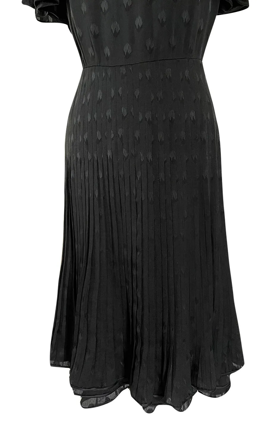 Spring 1980 Valentino Haute Couture Black Floral Silk Dress w Ruffle Sleeves & Pleated Skirt