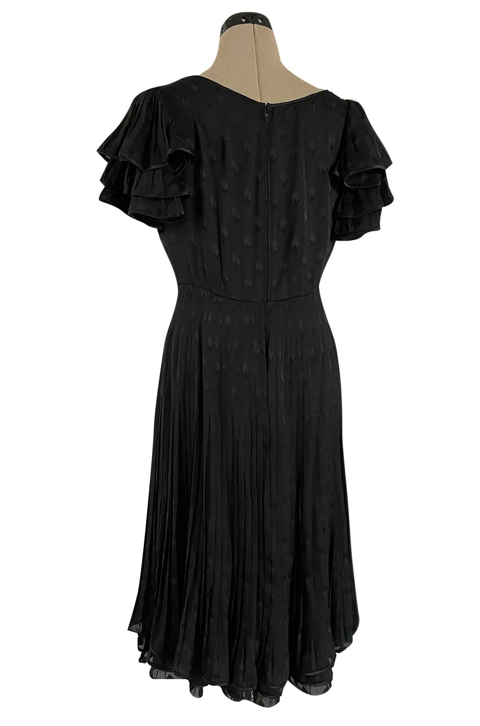 Spring 1980 Valentino Haute Couture Black Floral Silk Dress w Ruffle Sleeves & Pleated Skirt