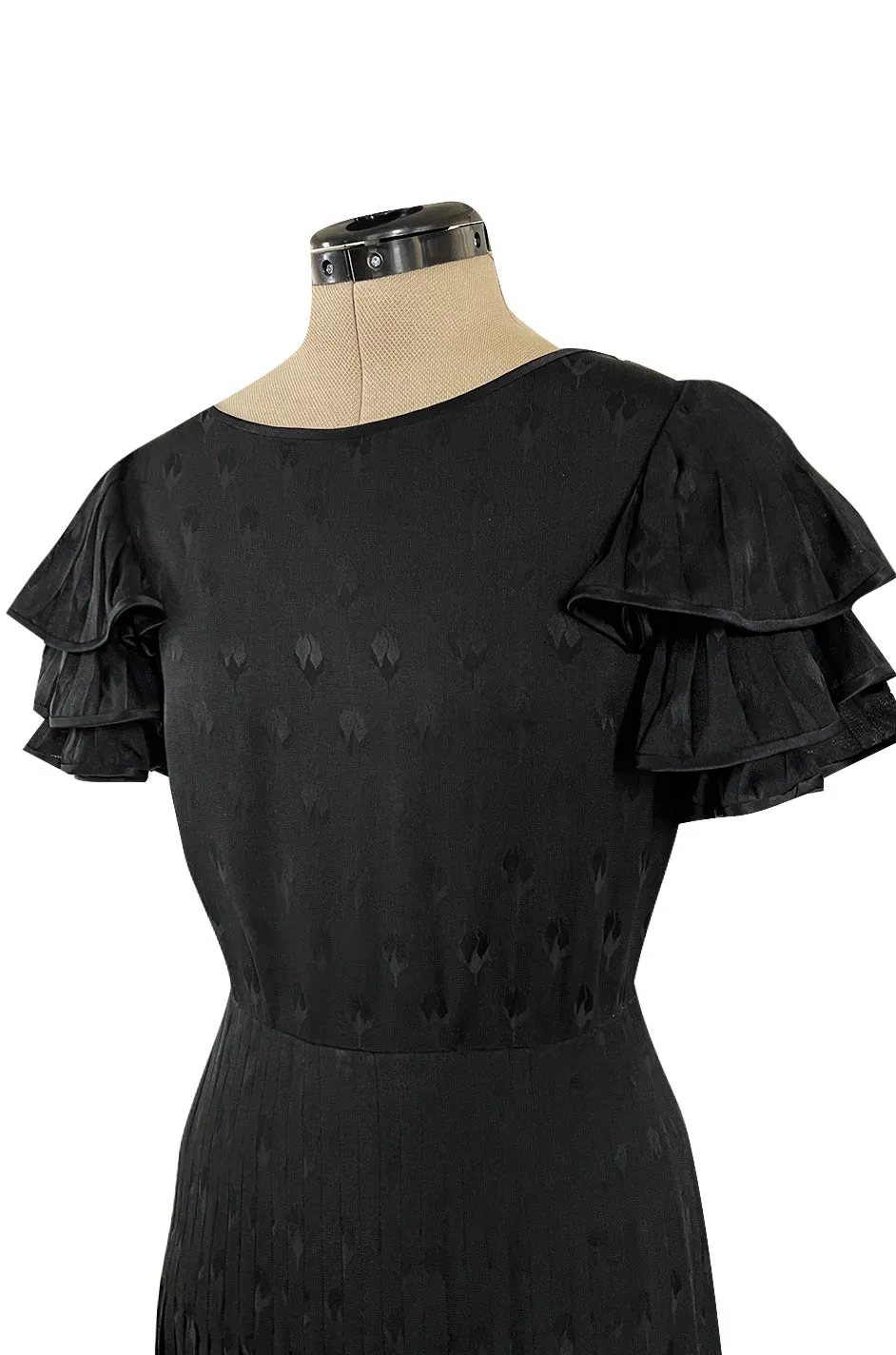 Spring 1980 Valentino Haute Couture Black Floral Silk Dress w Ruffle Sleeves & Pleated Skirt