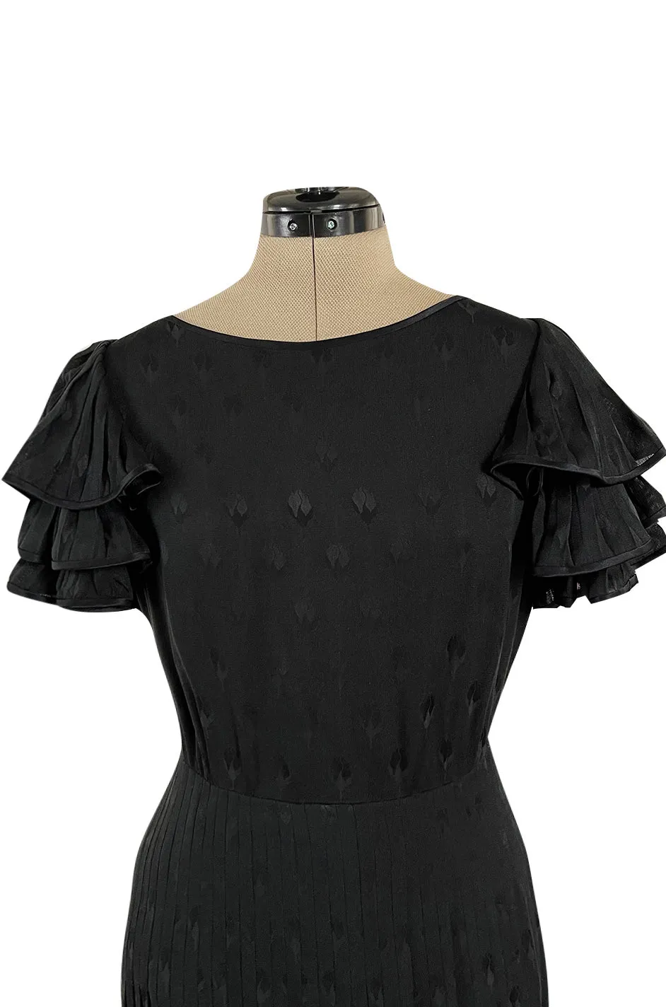 Spring 1980 Valentino Haute Couture Black Floral Silk Dress w Ruffle Sleeves & Pleated Skirt