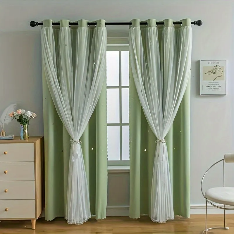 Stars Curtains Blackout Curtains for Bedroom Double Layer Curtains Curtains Cute Curtains Blackout Curtains, Curtains 84 Inches Long 2 Panel, Green Curtains, 42 X 84 Inches