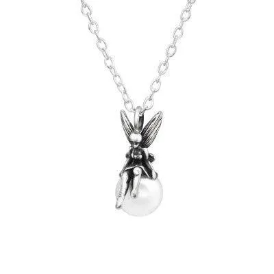 Sterling Silver Fairy and Pearl Pendant Necklace