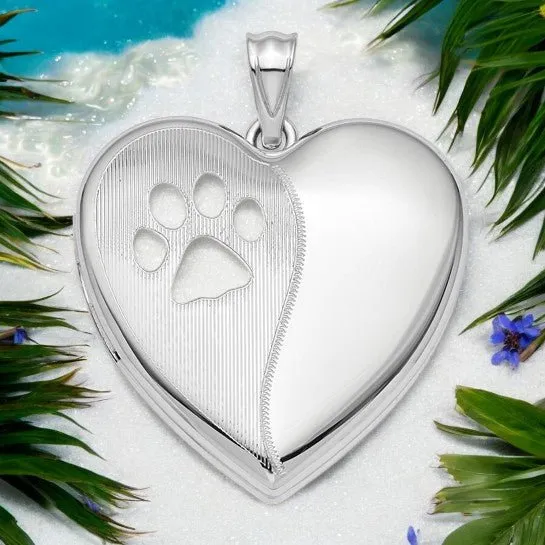 Sterling Silver Satin/Pol Paw Prints Ash Holder Heart Locket - Pet Memorial Keepsake Jewelry