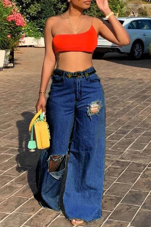 Stylish Ripped Wide Leg Jeans