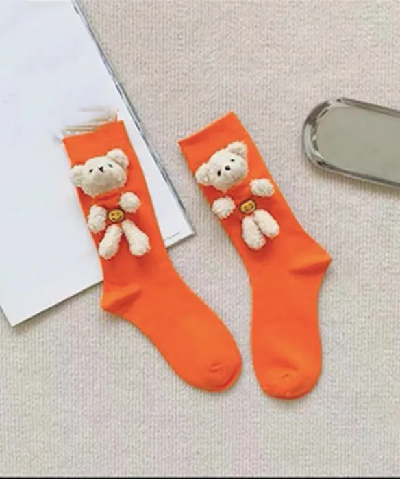 Stylish White Little Bear Cotton Mid Calf Socks