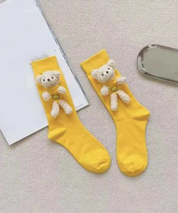 Stylish White Little Bear Cotton Mid Calf Socks