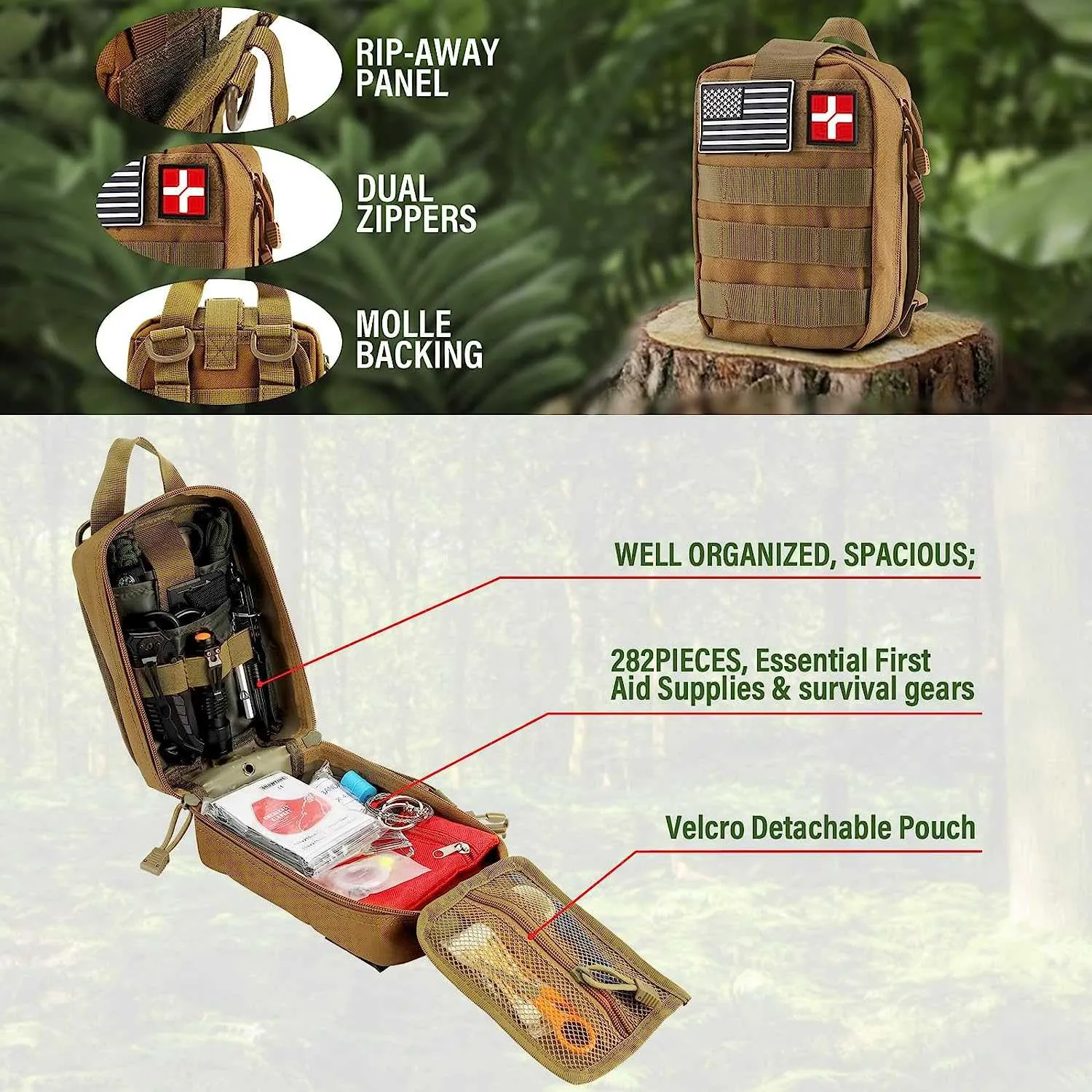 Survival First Aid Kit, Molle Medical Pouch 282PCS