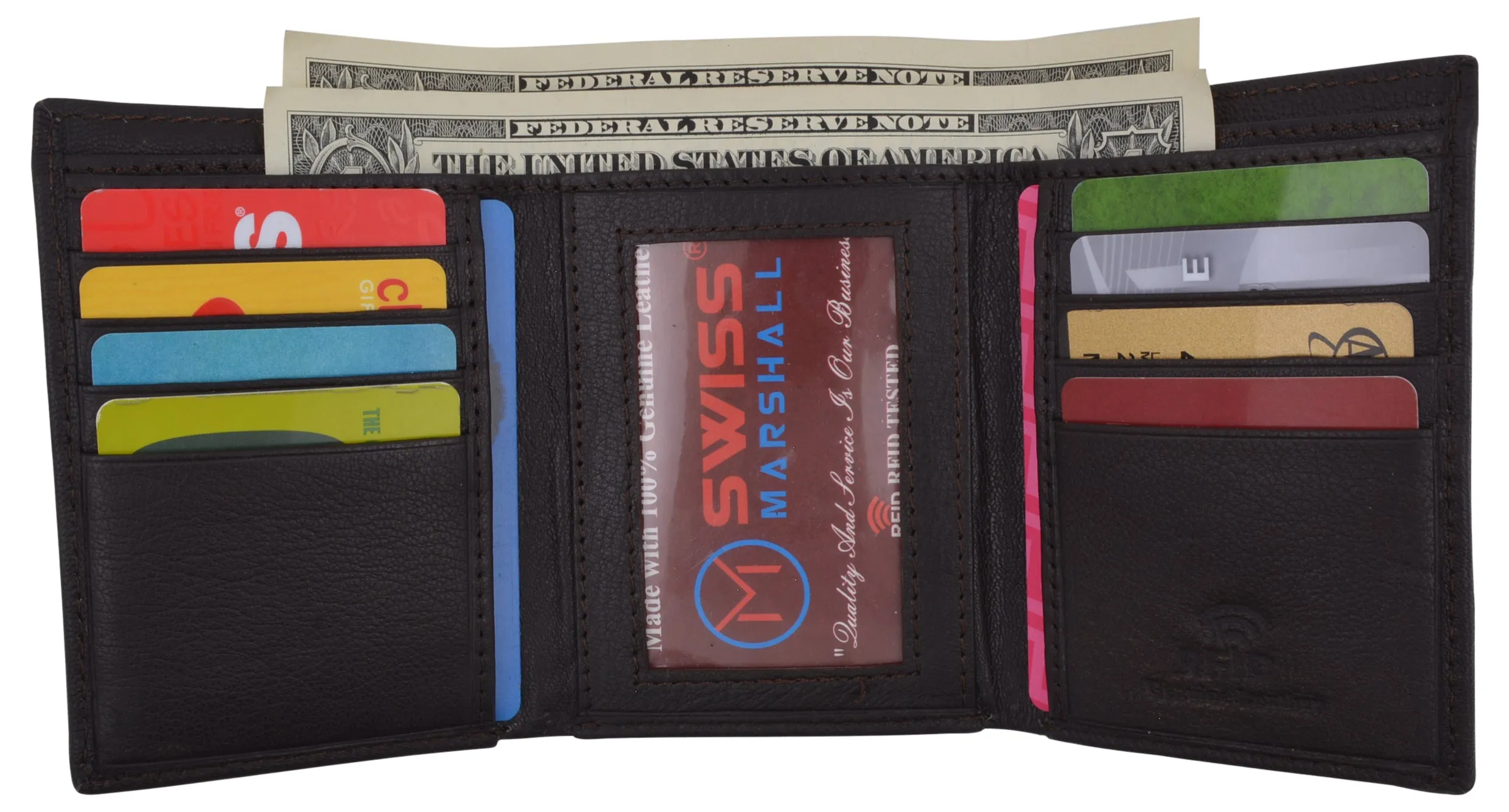 Swiss Marshall Mens Trifold Wallet RFID Blocking Genuine Leather Bifold ID Window