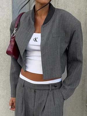 Tailored Pinstripe Graceful Patchwork Collar Jacket