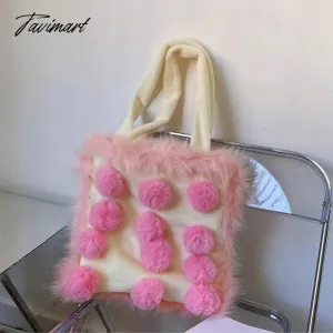 Tavimart New Winter Tote Bag for Girls Color Contrast Hairball Shoulder Plush Shop Bags New Wool Ball Large Tote Bags for Women