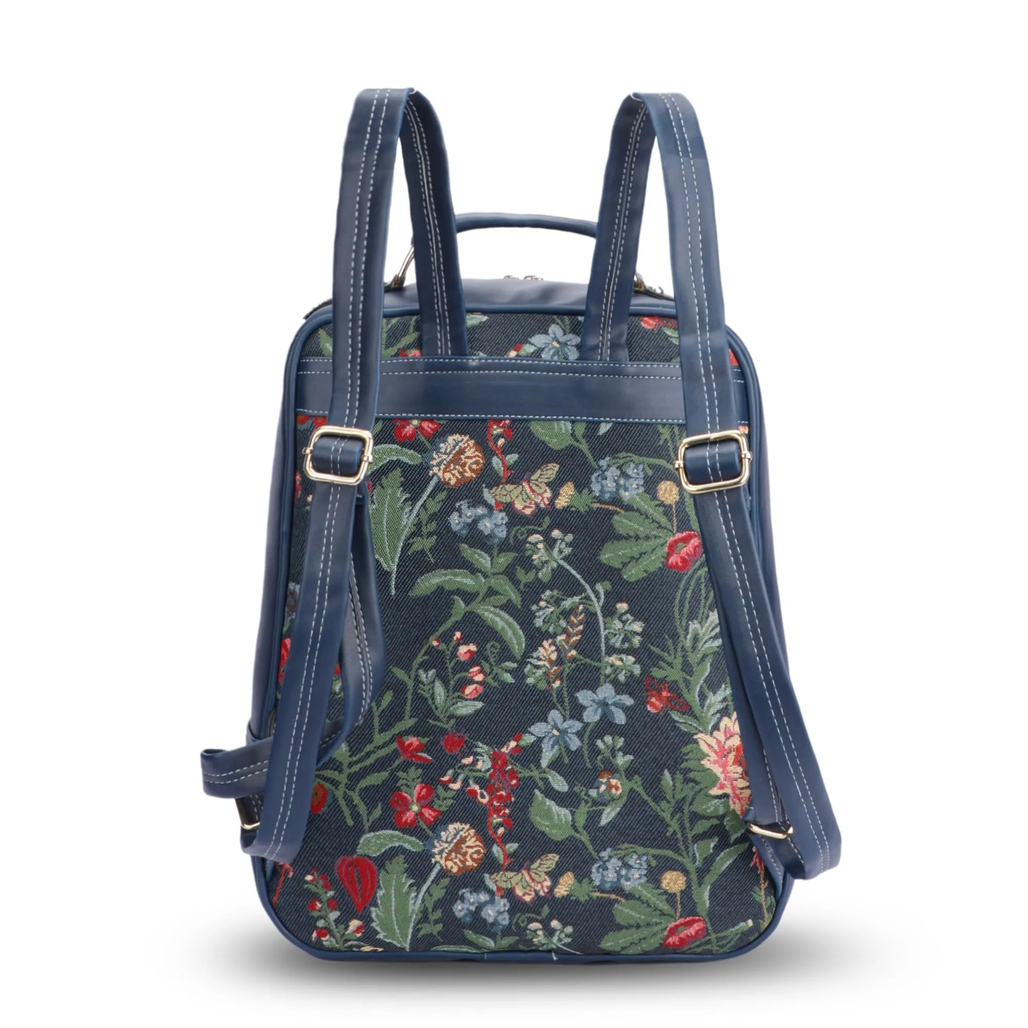 THE CLOWNFISH Urban Chic Collection Tapestry Fabric & Vegan Leather Womens Backpack Casual Travel Backpack for Office College Going Girls (Navy Blue)