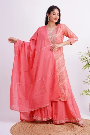 Tissue Peach Leheriya Kurta with Gotta Embroidery Sharara Set