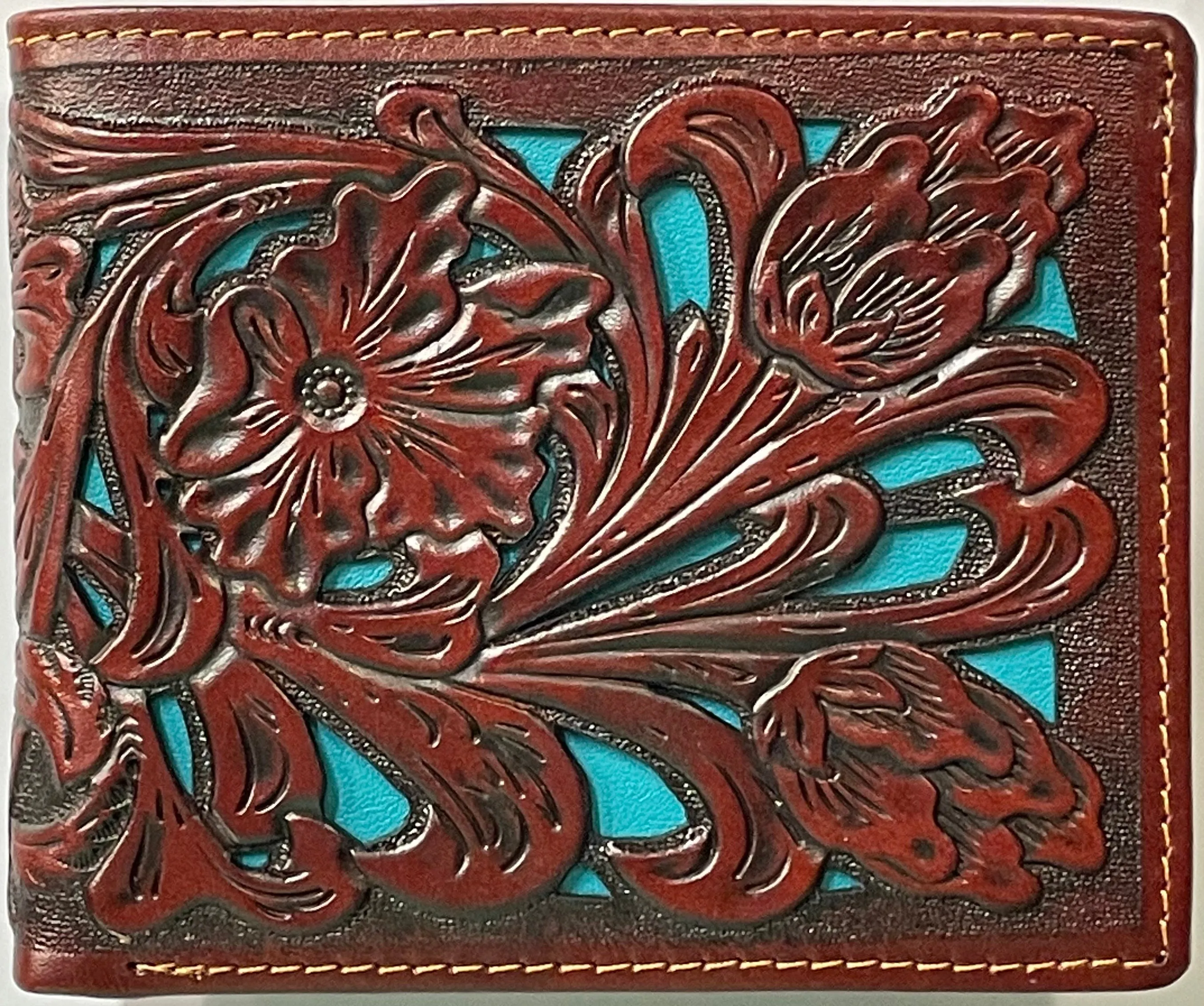 Top Notch Accessories 6013-2BR Brown Floral Tooled With Turquoise Inlay Bi-Fold Wallet