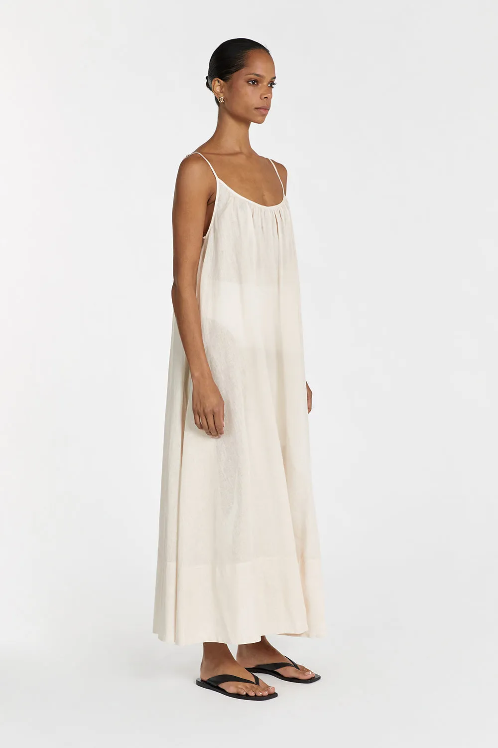 TROPEA CREAM LINEN SHEER MIDI DRESS