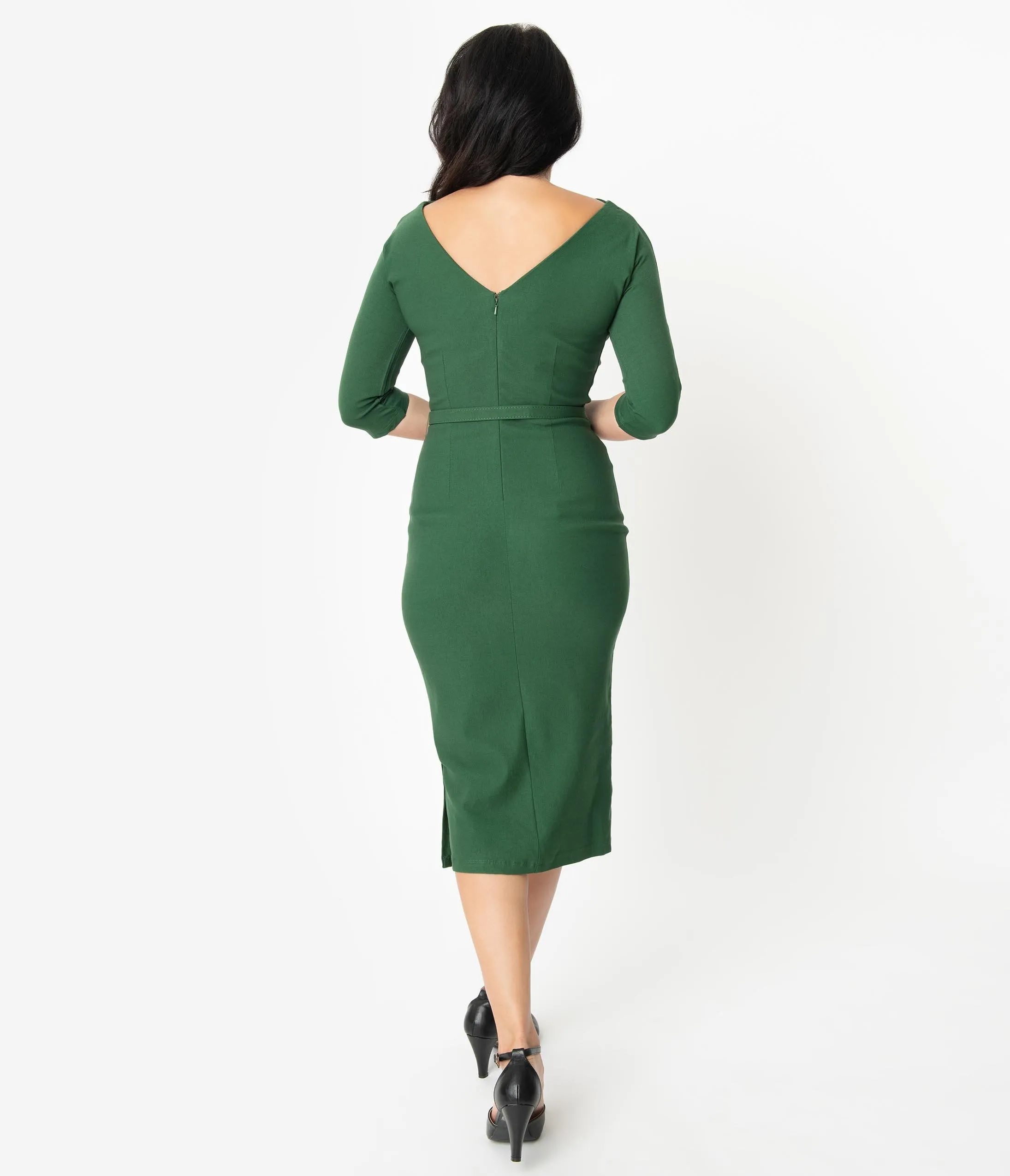 Unique Vintage 1940s Style Green Stretch Sleeved Adelia Wiggle Dress